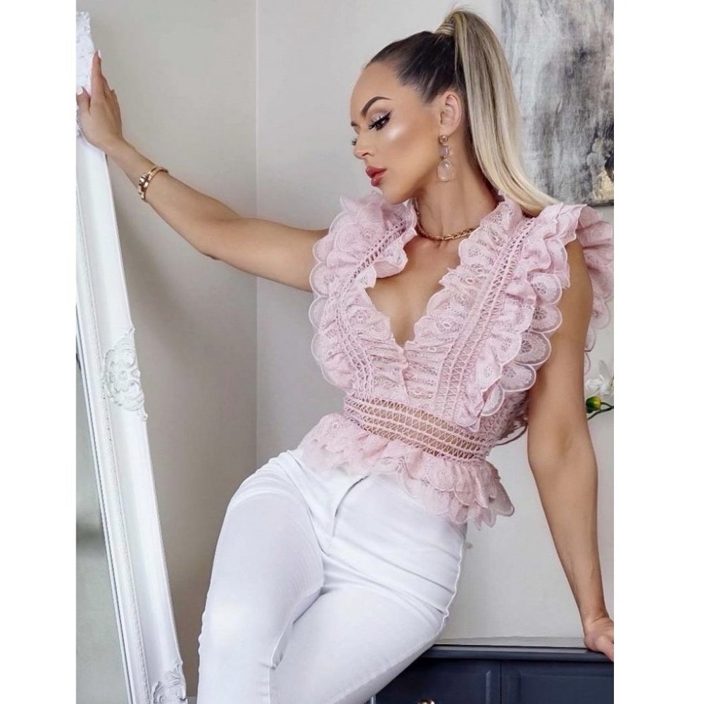 Pink Crochet Lace Sleeveless V-Neck Ruffle Peplum Top - Picture 8 of 9